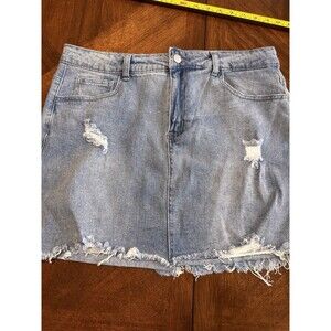 Gobles Mid Waist Zipper Closure Frayed Raw Hem Ripped Mini Denim Skirts XL